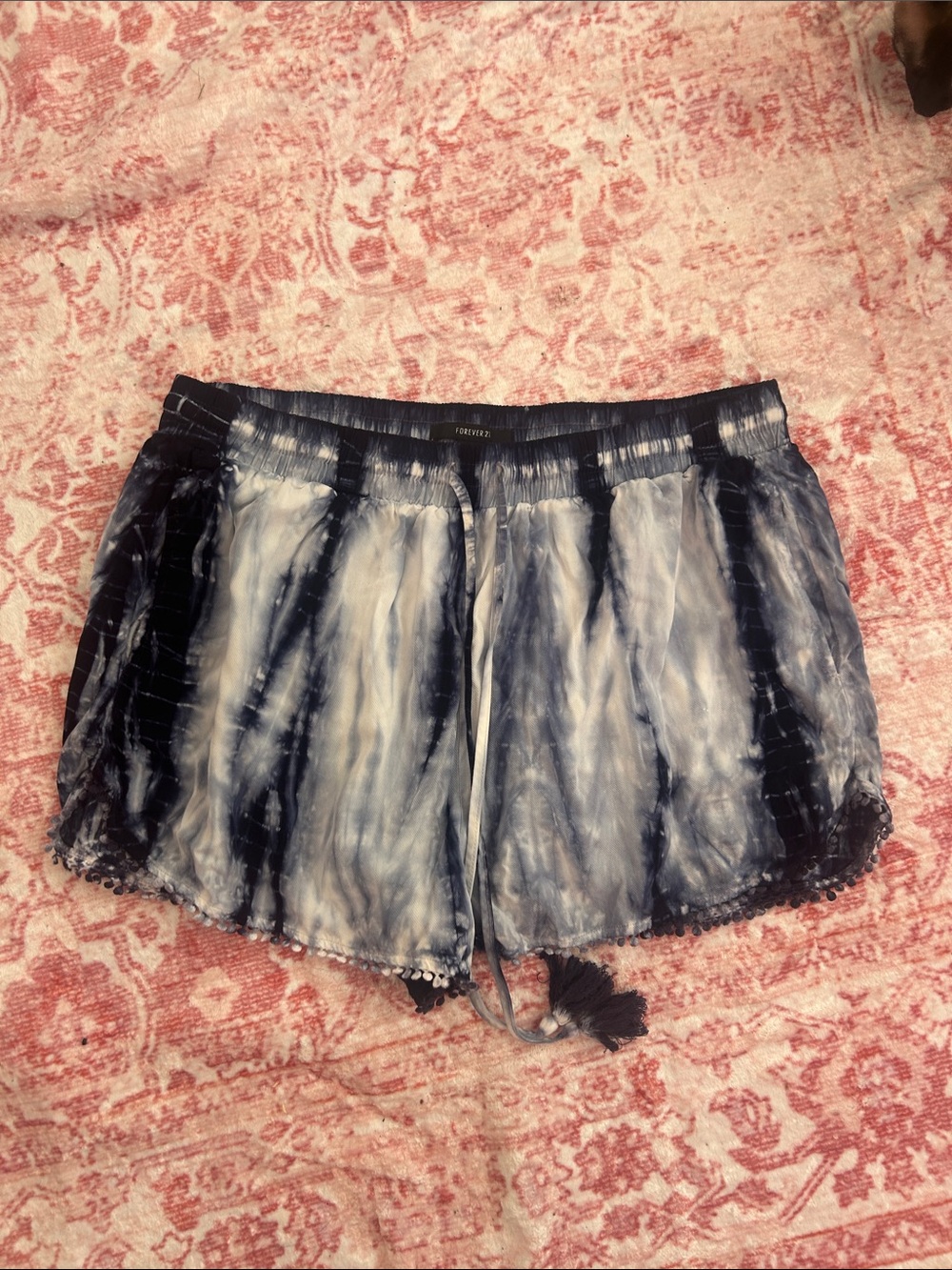 Forever 21 Navy and White Tie-Dye Pom-Trim Athletic Shorts